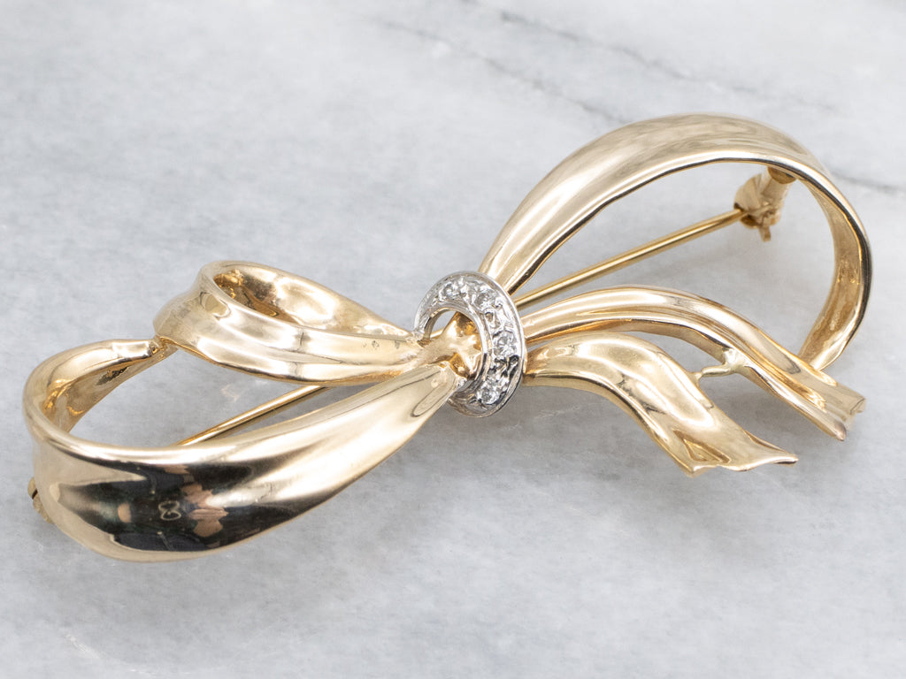 Vintage Two-Tone Gold Looping Diamond Ribbon Brooch