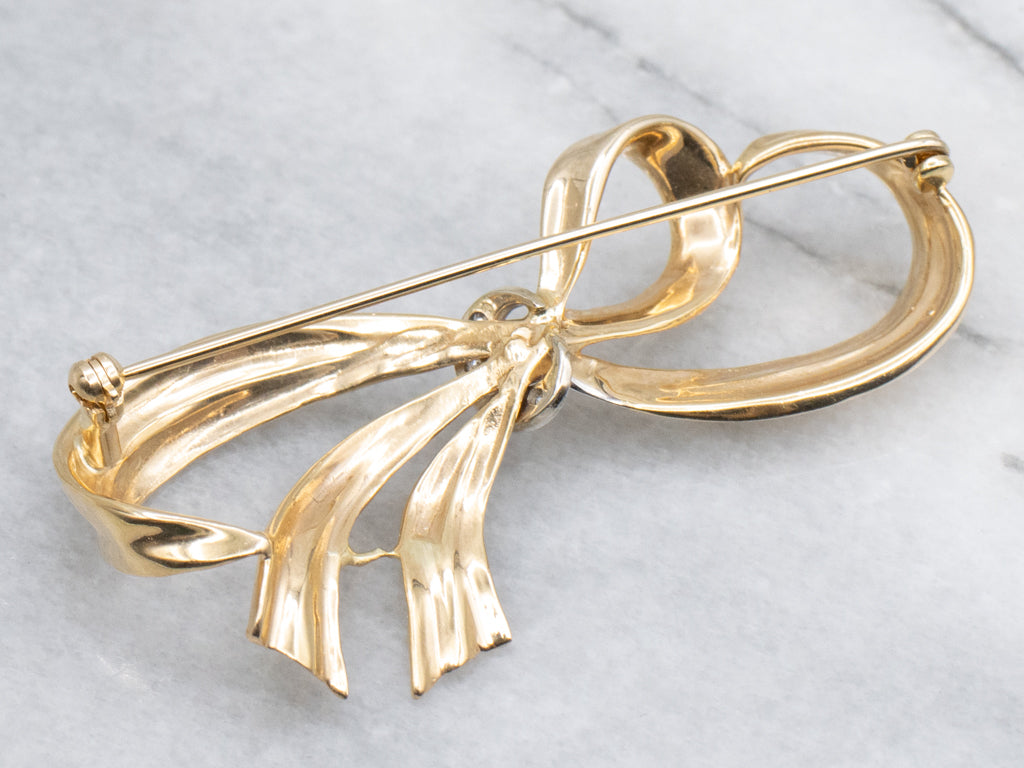 Vintage Two-Tone Gold Looping Diamond Ribbon Brooch