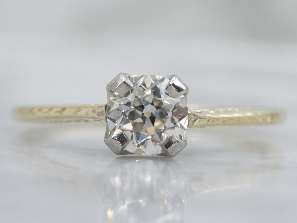 Antique Old Mine Cut Diamond Solitaire Engagement Ring with Wheat Pattern