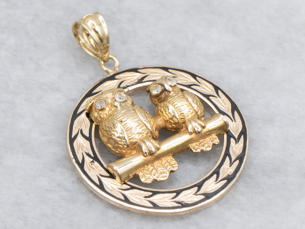 Mix-Era Antique Diamond and Enamel Gold Owl Pendant