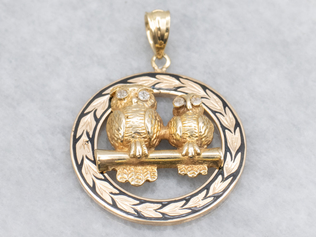 Mix-Era Antique Diamond and Enamel Gold Owl Pendant