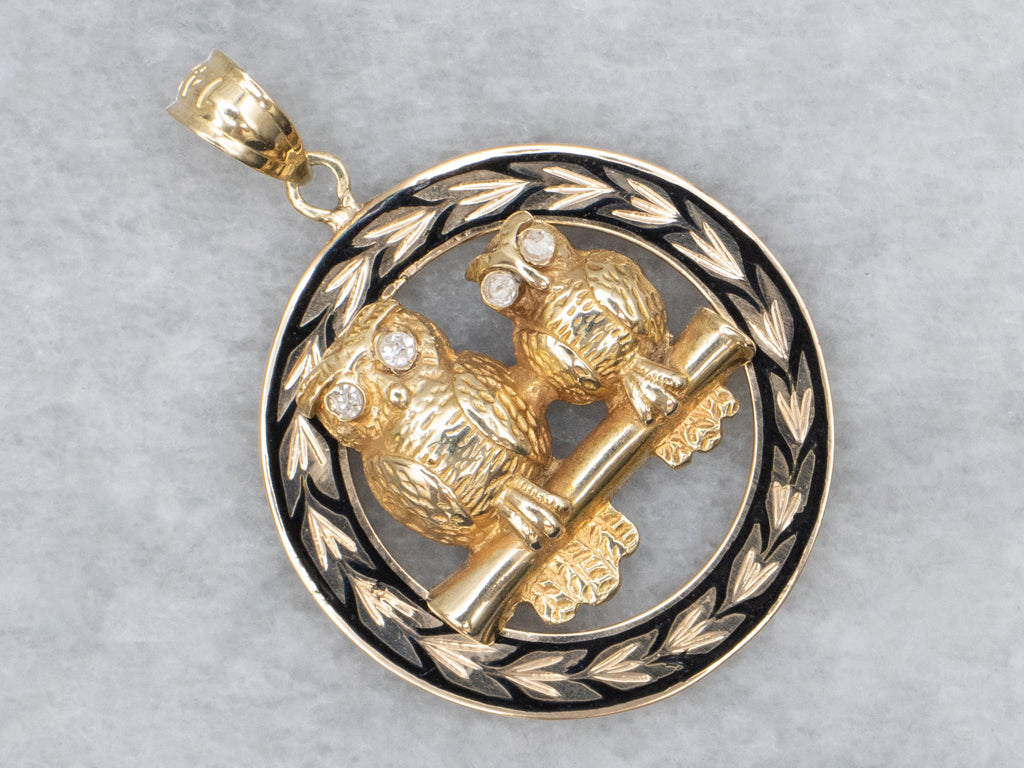 Mix-Era Antique Diamond and Enamel Gold Owl Pendant