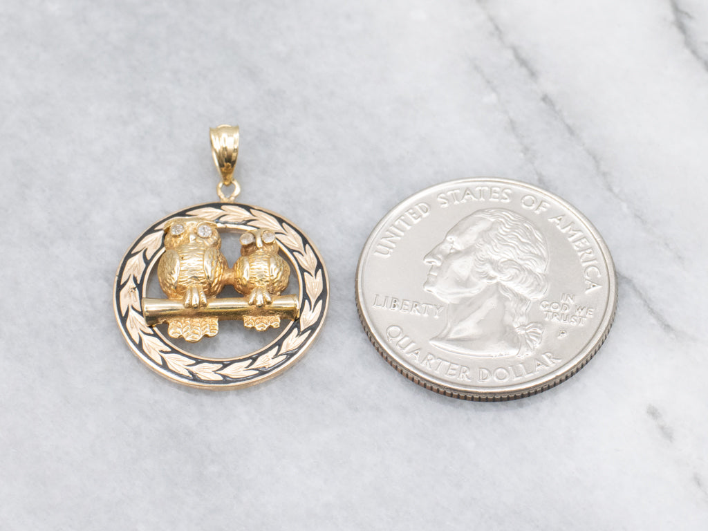 Mix-Era Antique Diamond and Enamel Gold Owl Pendant