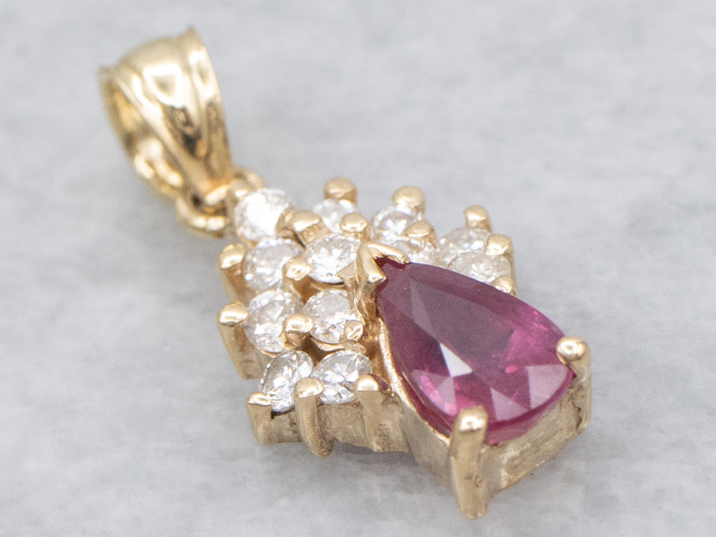 Pretty Pear-Cut Ruby and Diamond Yellow Gold Pendant