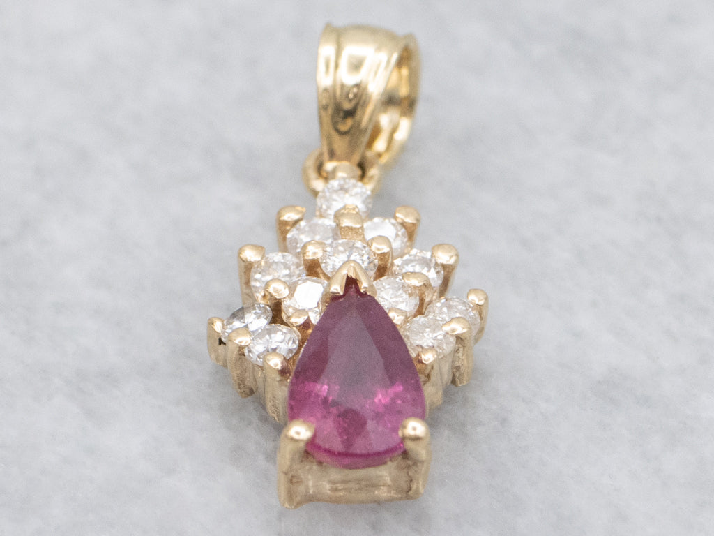 Pretty Pear-Cut Ruby and Diamond Yellow Gold Pendant