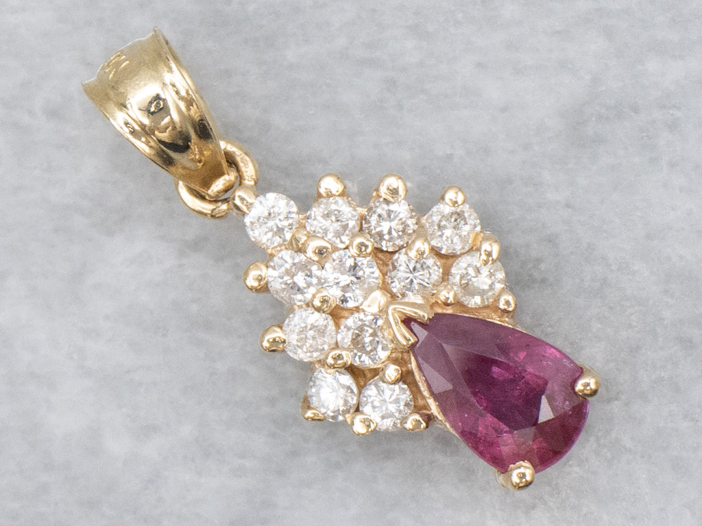 Pretty Pear-Cut Ruby and Diamond Yellow Gold Pendant
