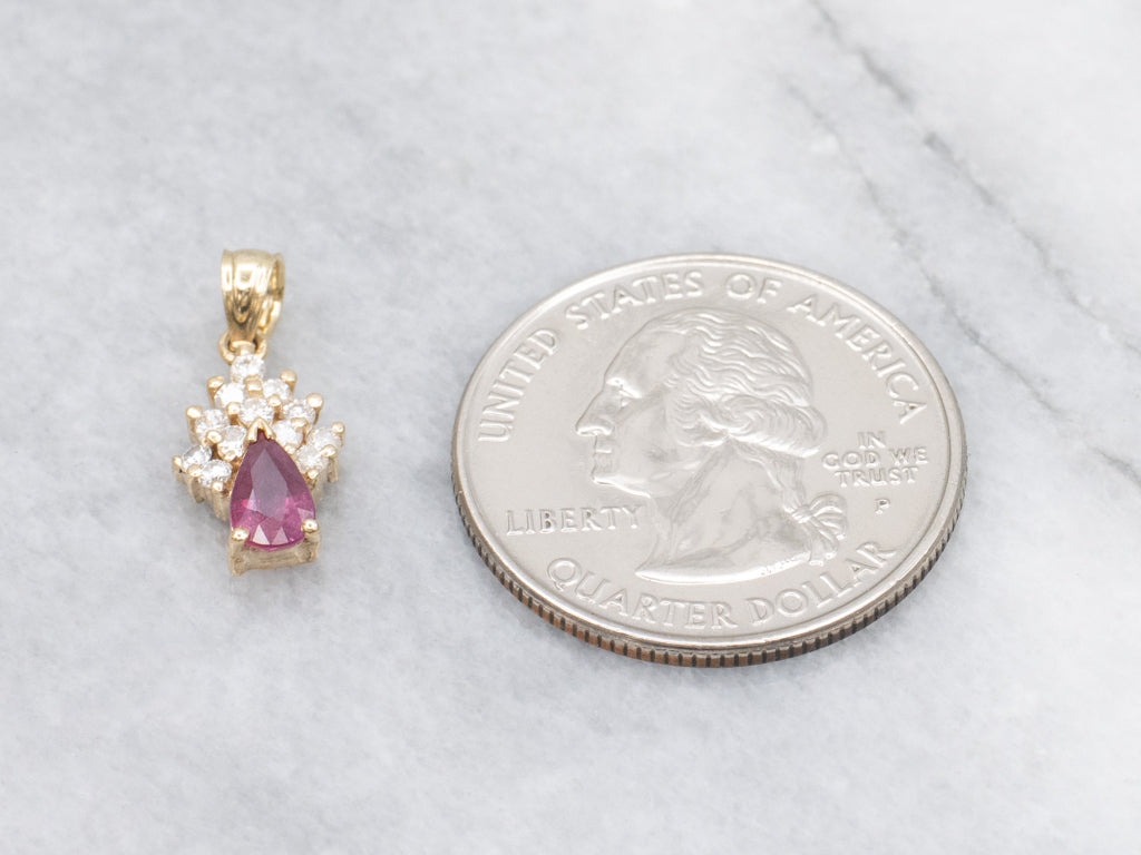 Pretty Pear-Cut Ruby and Diamond Yellow Gold Pendant