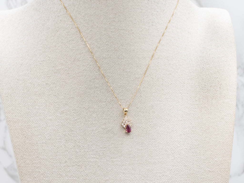 Pretty Pear-Cut Ruby and Diamond Yellow Gold Pendant