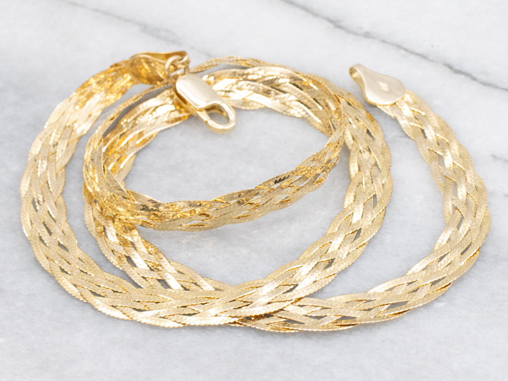 Vintage Italian Gold Braided Herringbone Chain with Lobster Clasp