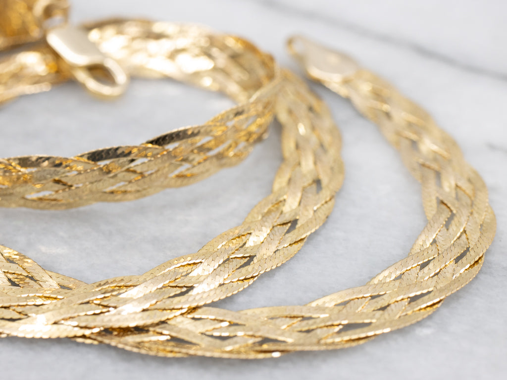 Vintage Italian Gold Braided Herringbone Chain with Lobster Clasp