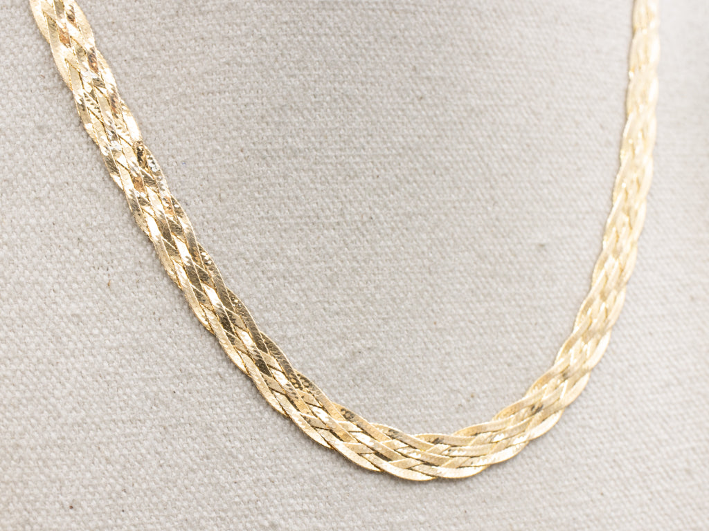 Vintage Italian Gold Braided Herringbone Chain with Lobster Clasp