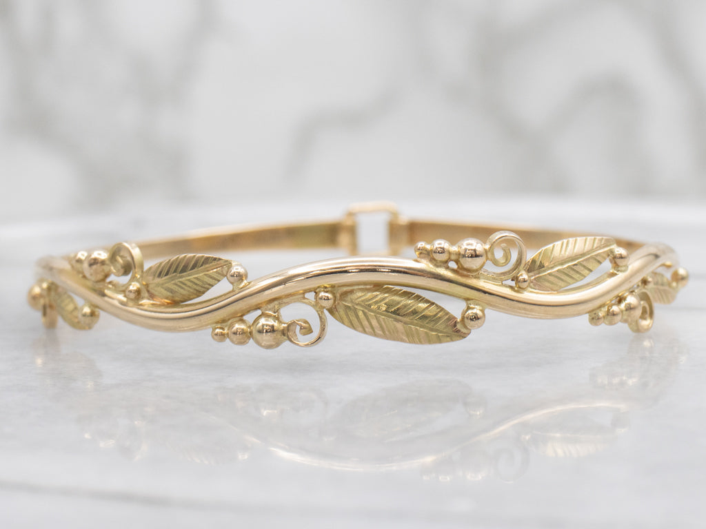 Vintage Botanical Gold Bangle Bracelet with Hook Clasp