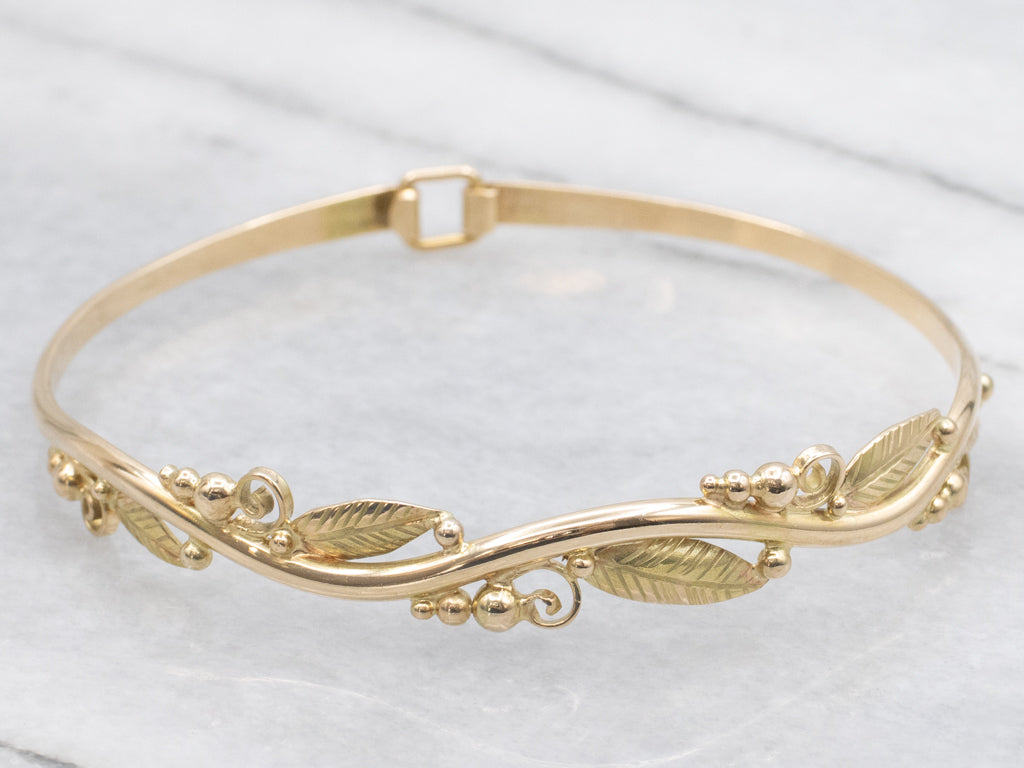 Vintage Botanical Gold Bangle Bracelet with Hook Clasp