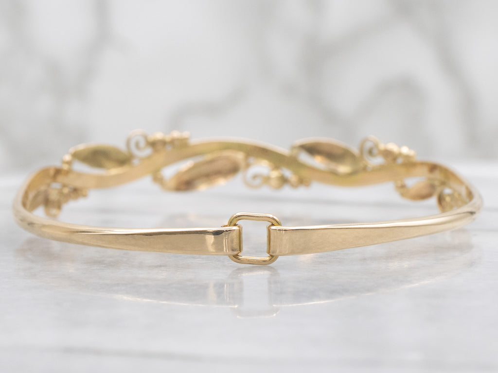 Vintage Botanical Gold Bangle Bracelet with Hook Clasp