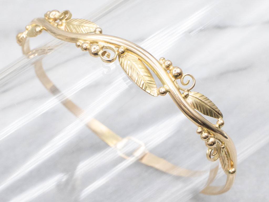 Vintage Botanical Gold Bangle Bracelet with Hook Clasp