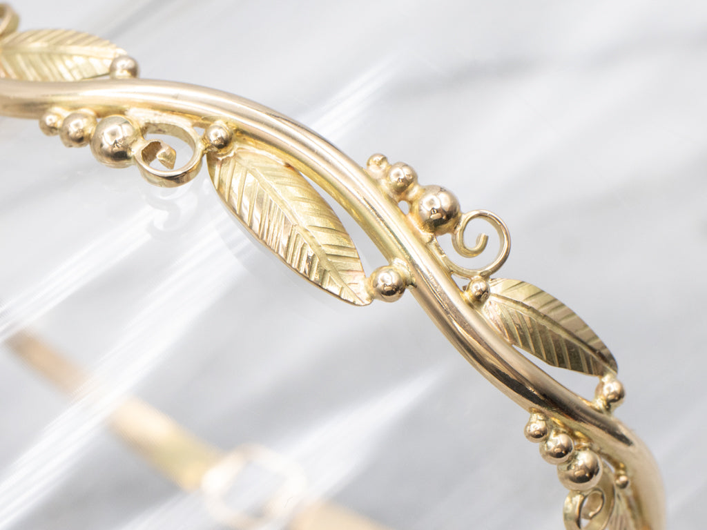 Vintage Botanical Gold Bangle Bracelet with Hook Clasp