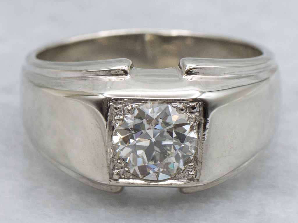 Men's European Cut Diamond White Gold Retro Era Solitaire Ring