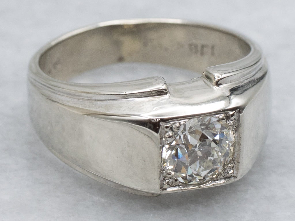 Men's European Cut Diamond White Gold Retro Era Solitaire Ring