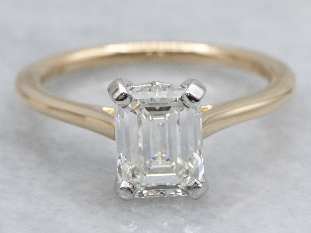 GIA Certified Emerald-Cut Diamond Solitaire Mix-Metal Engagement Ring with Hidden Sapphire
