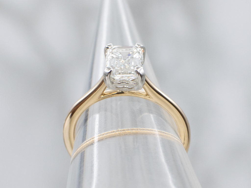 GIA Certified Emerald-Cut Diamond Solitaire Mix-Metal Engagement Ring with Hidden Sapphire