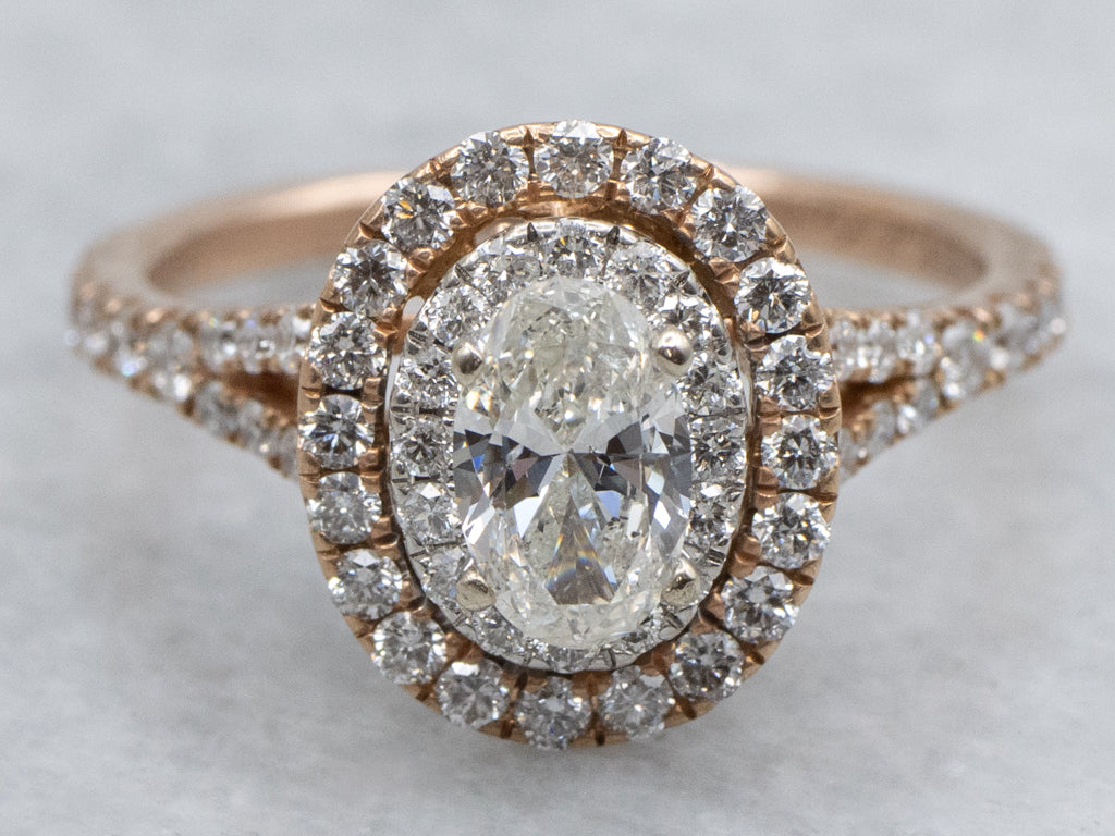 Oval-Cut Diamond and Double Halo Modern Rose Gold Engagement Ring