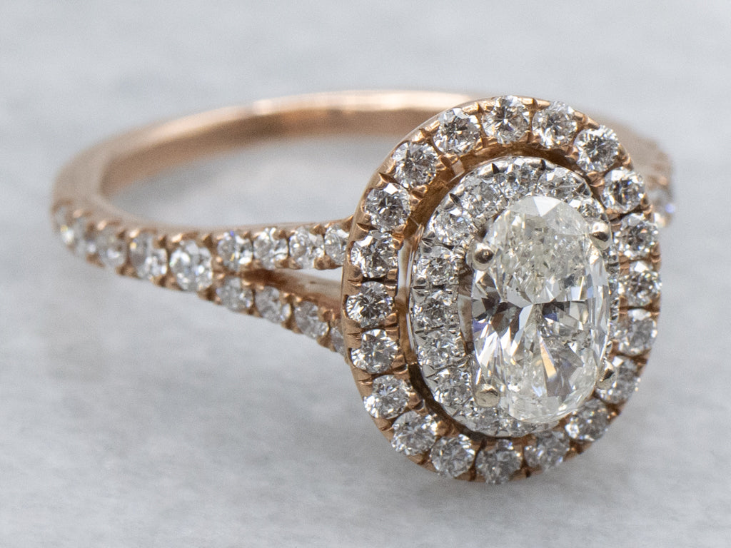 Oval-Cut Diamond and Double Halo Modern Rose Gold Engagement Ring