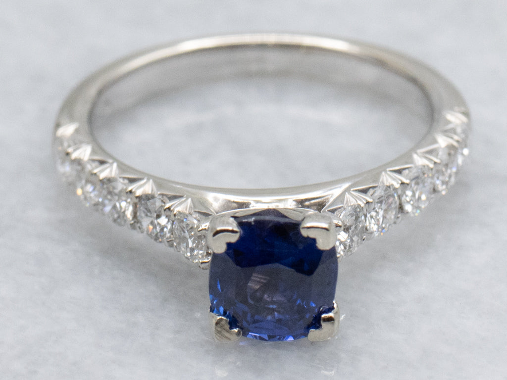 Cushion-Cut Blue Sapphire and Diamond White Gold Ring