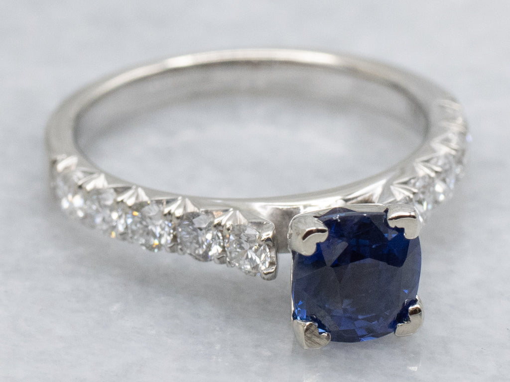 Cushion-Cut Blue Sapphire and Diamond White Gold Ring