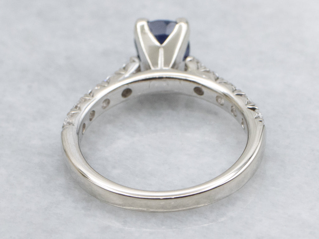 Cushion-Cut Blue Sapphire and Diamond White Gold Ring