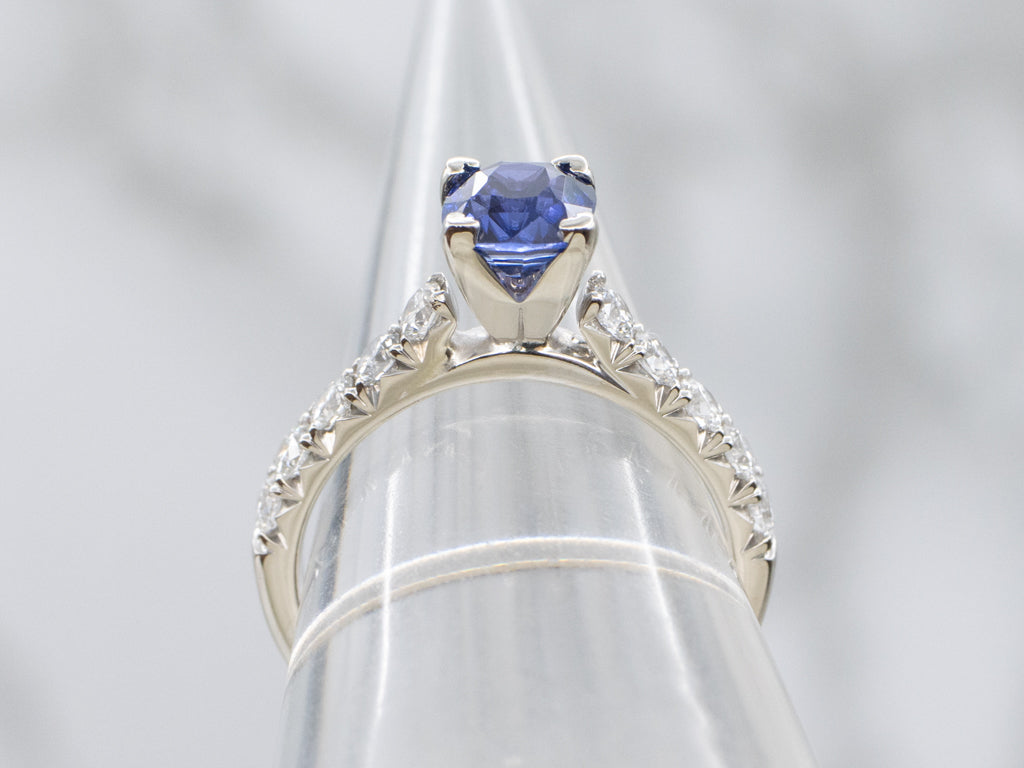 Cushion-Cut Blue Sapphire and Diamond White Gold Ring