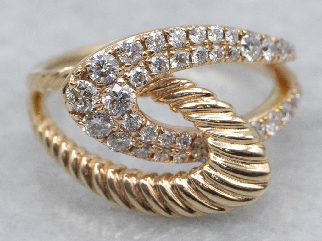 Modern Looping Gold and Diamond Interlocking Gold Bypass Ring