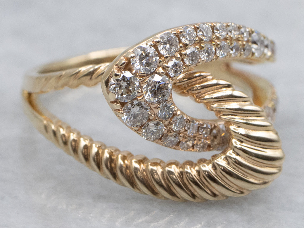 Modern Looping Gold and Diamond Interlocking Gold Bypass Ring