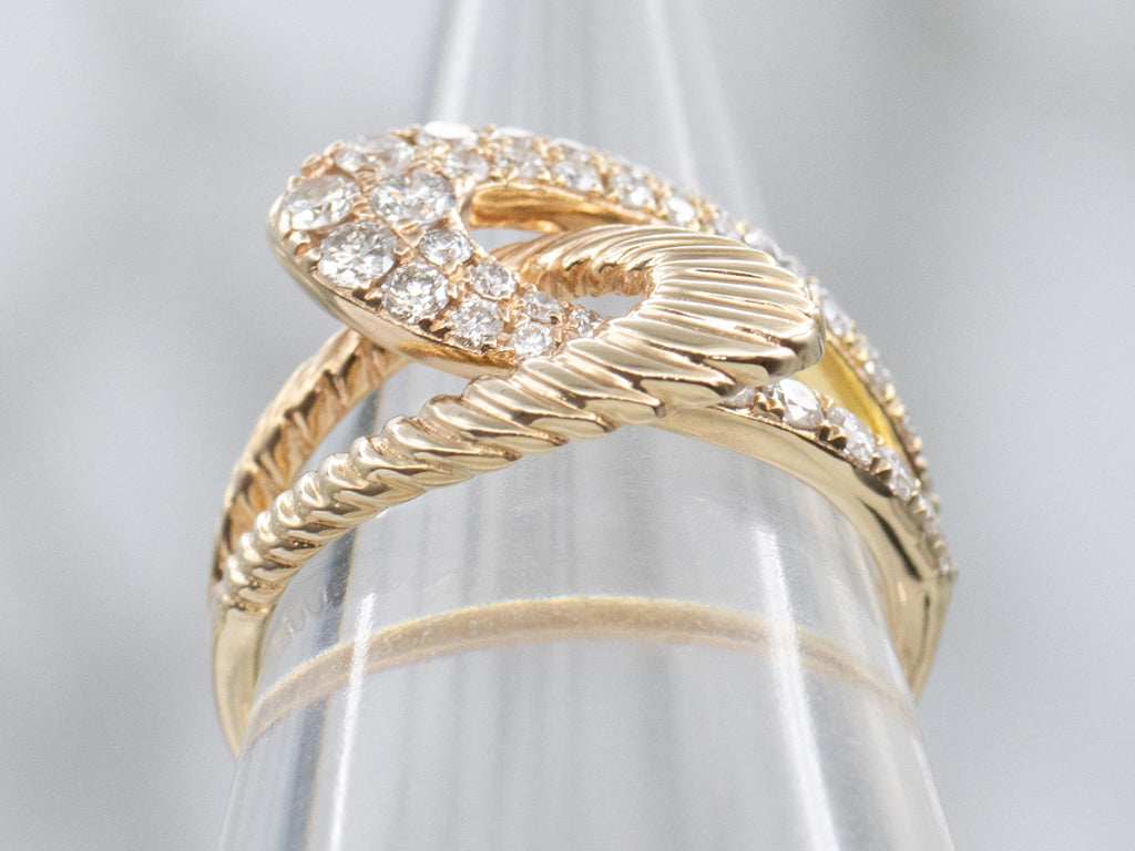 Modern Looping Gold and Diamond Interlocking Gold Bypass Ring