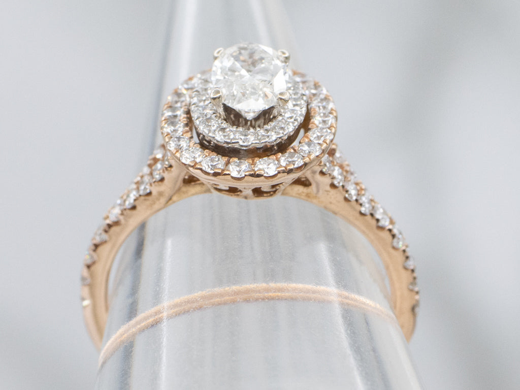 Oval-Cut Diamond and Double Halo Modern Rose Gold Engagement Ring