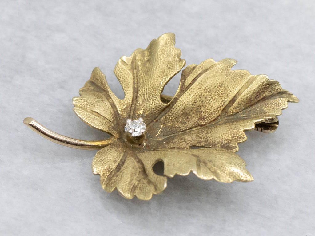 Antique Gold Old Mine Cut Diamond Maple Leaf Pin