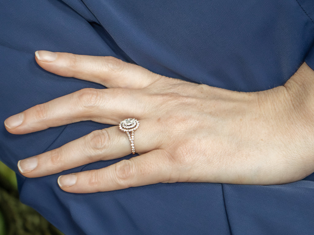 Oval-Cut Diamond and Double Halo Modern Rose Gold Engagement Ring