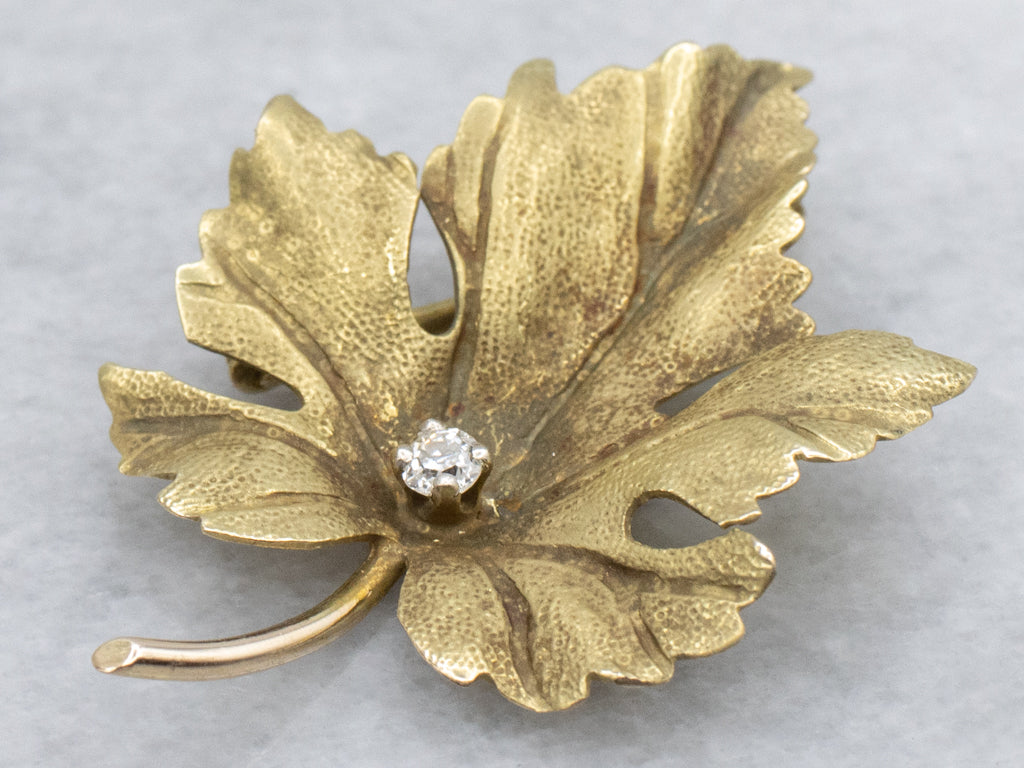 Antique Gold Old Mine Cut Diamond Maple Leaf Pin