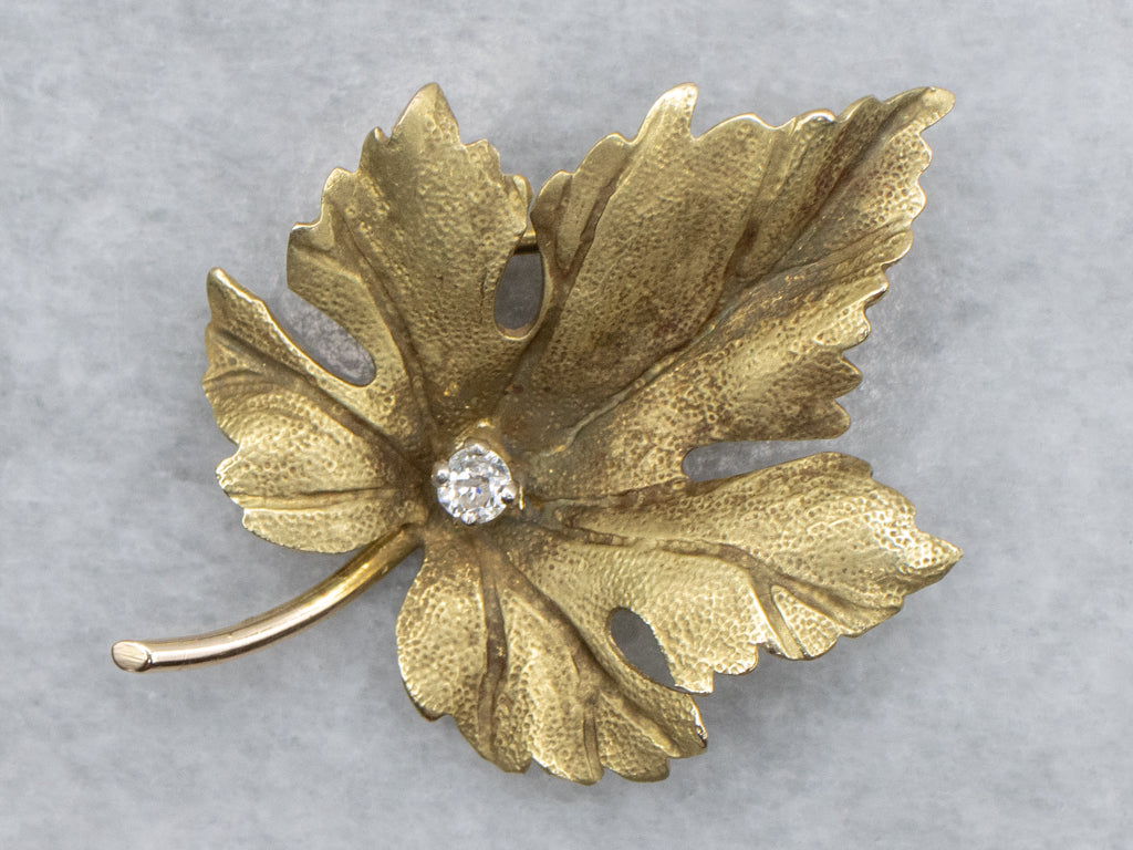 Antique Gold Old Mine Cut Diamond Maple Leaf Pin