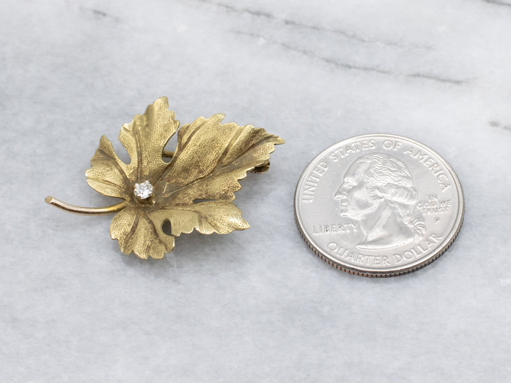 Antique Gold Old Mine Cut Diamond Maple Leaf Pin