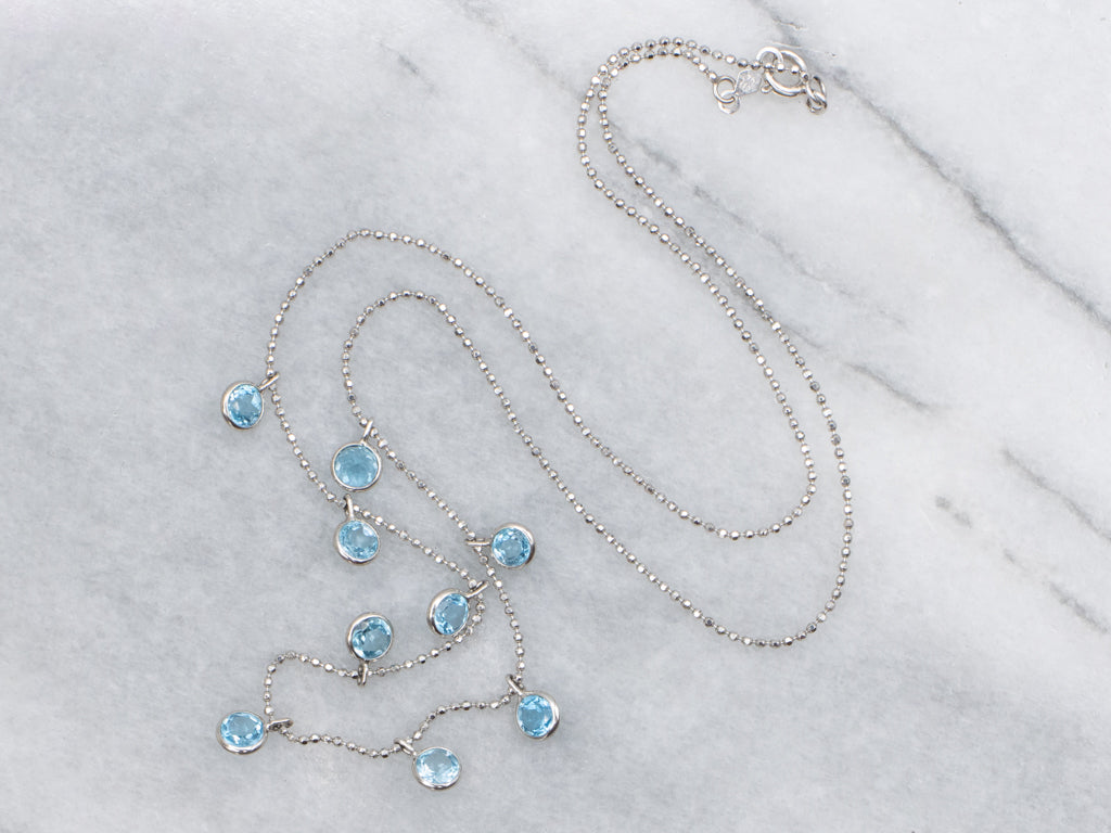White Gold Blue Topaz Gemstone Station Necklace