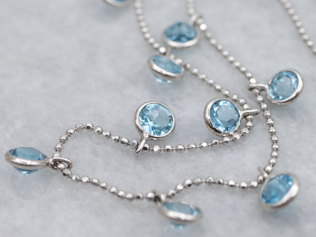 White Gold Blue Topaz Gemstone Station Necklace