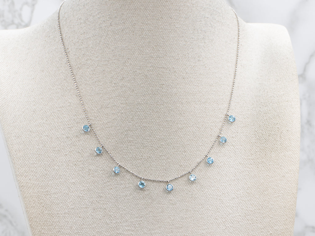 White Gold Blue Topaz Gemstone Station Necklace