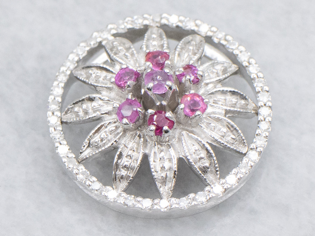 Ruby and Diamond Cluster Flower Pendant with Hidden Bail
