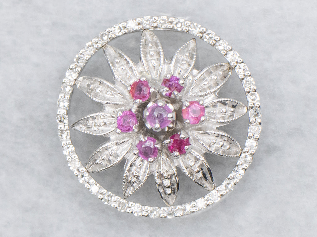 Ruby and Diamond Cluster Flower Pendant with Hidden Bail
