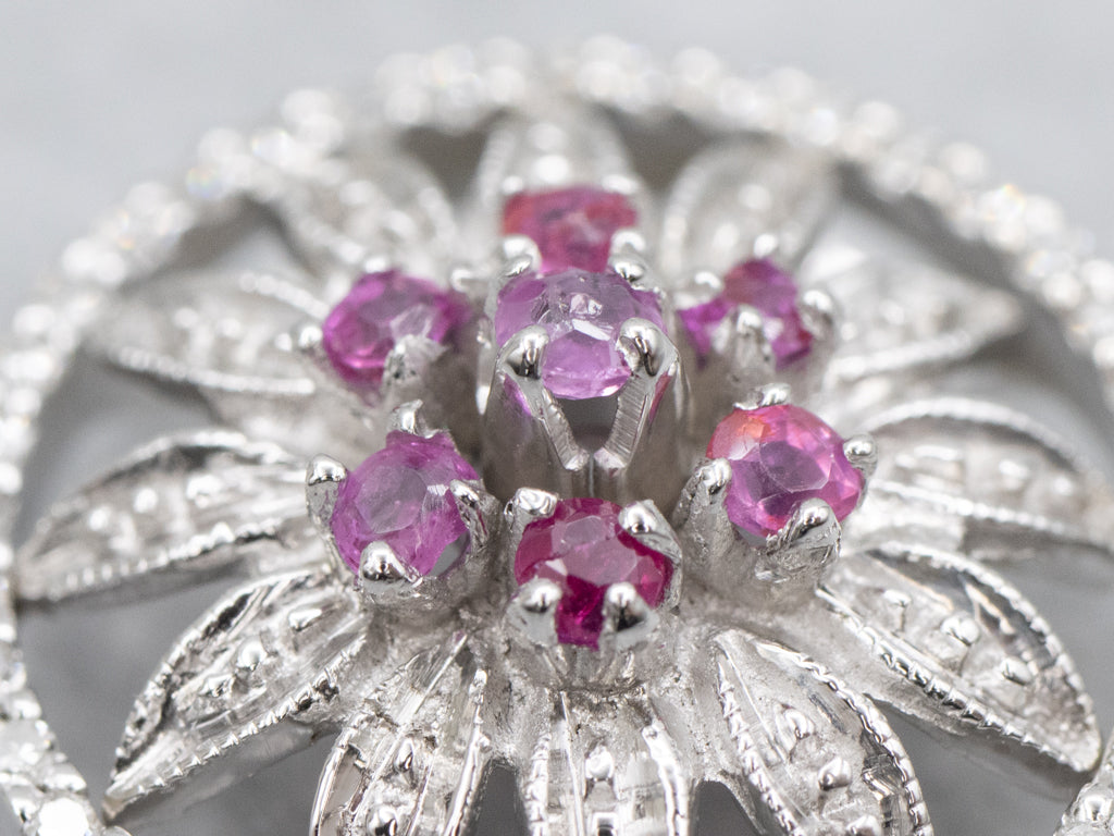 Ruby and Diamond Cluster Flower Pendant with Hidden Bail