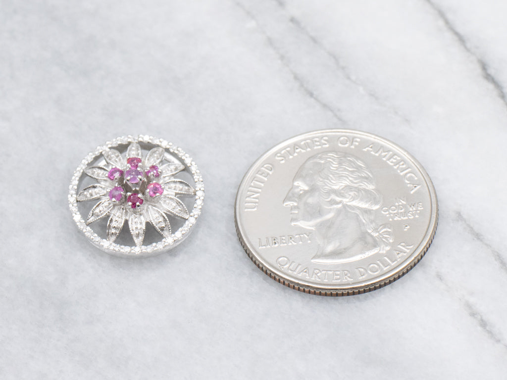Ruby and Diamond Cluster Flower Pendant with Hidden Bail