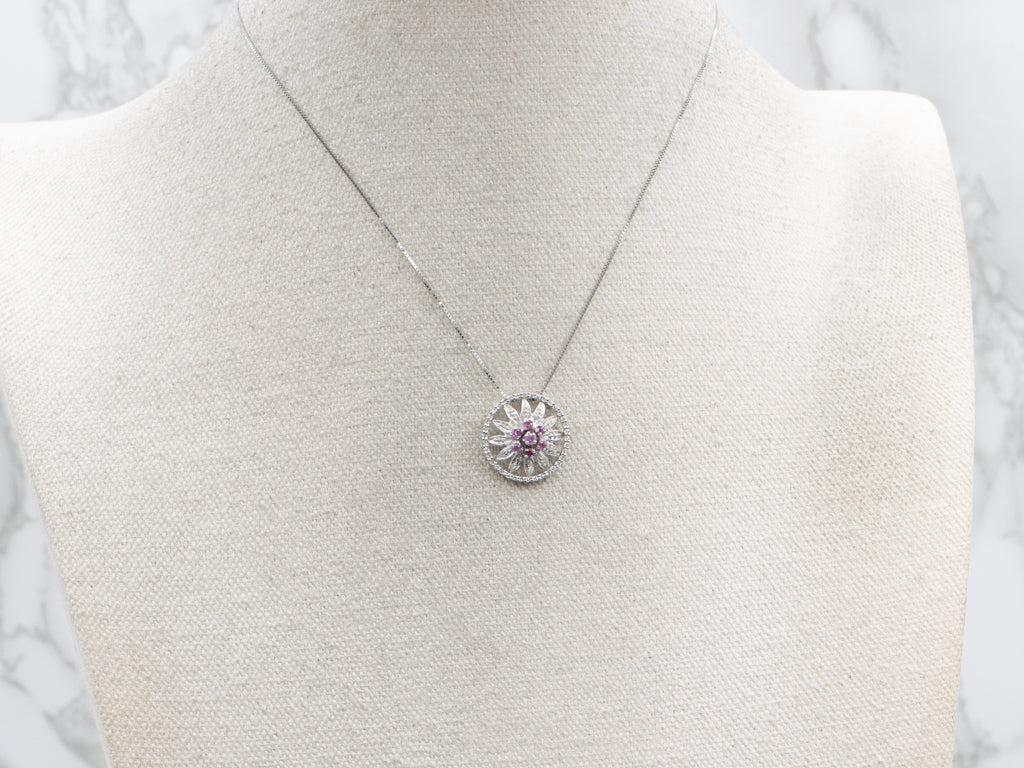 Ruby and Diamond Cluster Flower Pendant with Hidden Bail