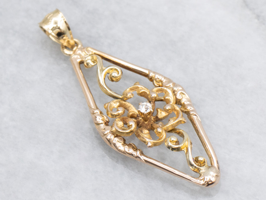 Antique Scrolling Gold Old Mine Cut Diamond Pendant