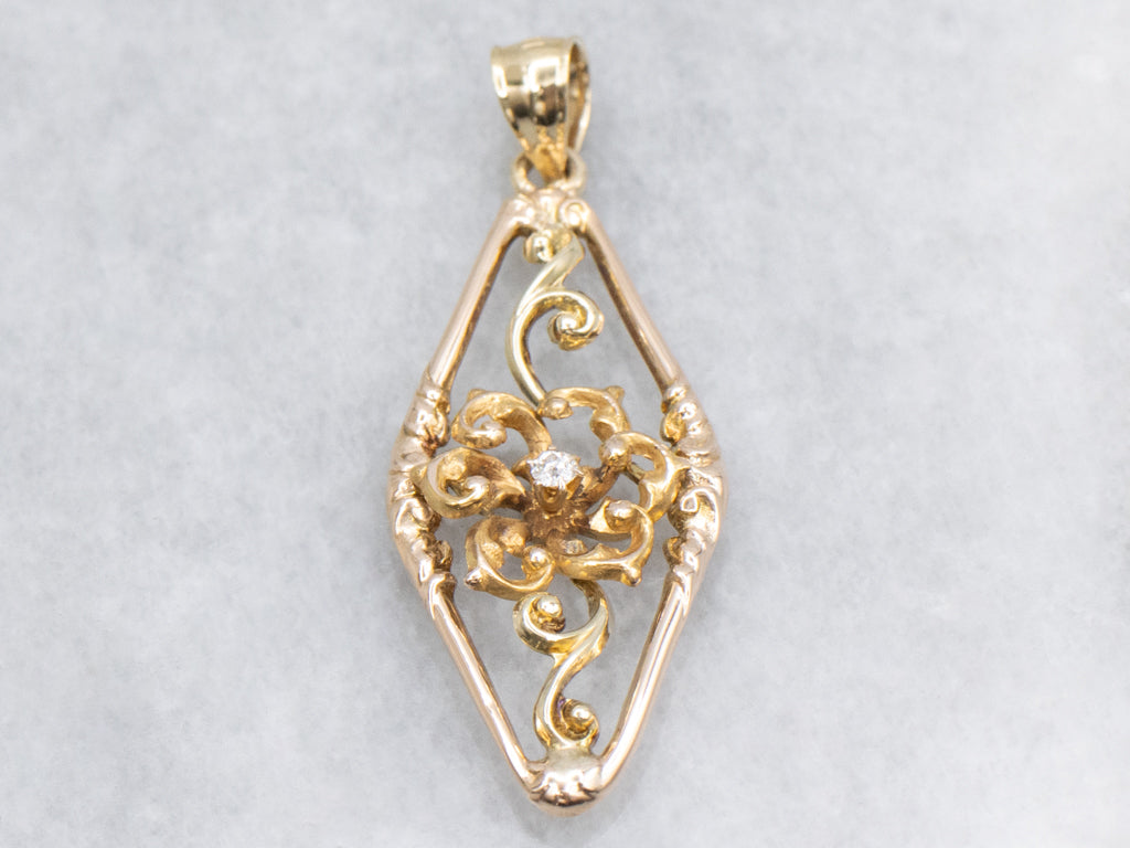 Antique Scrolling Gold Old Mine Cut Diamond Pendant