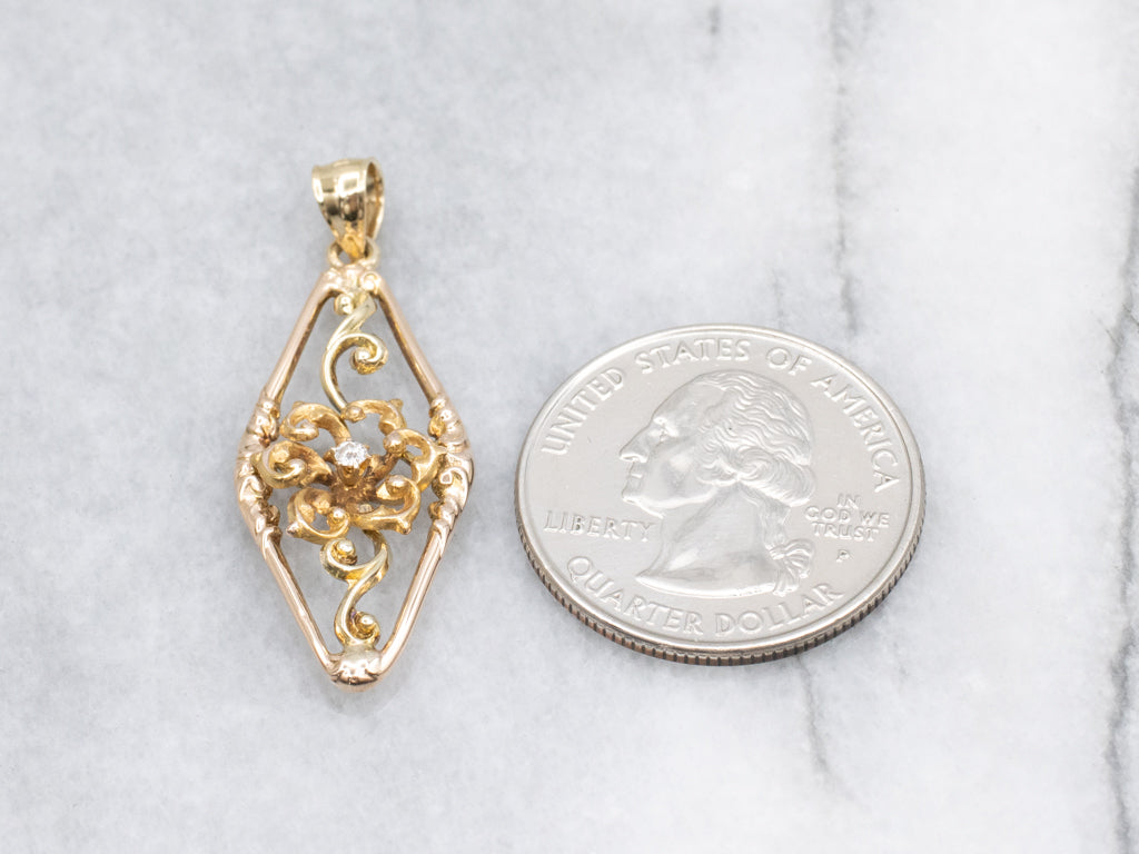 Antique Scrolling Gold Old Mine Cut Diamond Pendant